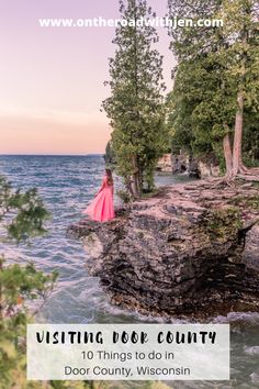 a woman in a pink dress standing on the edge of a cliff overlooking the ocean