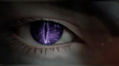 a close up of an eye with purple iris and long eyelashes, looking into the distance