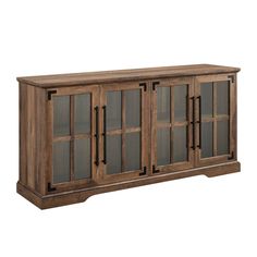 a large wooden cabinet with glass doors on the front and side panels in various sizes