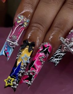 Junk Halloween Nails, Old School Nail Designs, Junk Nails, Weak Nails, Punk Nails, Drip Nails, Colored Acrylic Nails, Girly Acrylic Nails