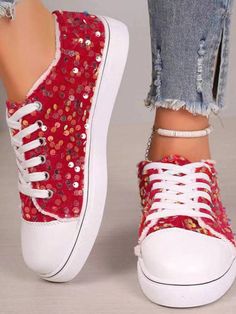 Fashionable Breathable Sequin Sporty Casual Shoes, Versatile Flat Canvas Sneakers Student Shoes For Women Red Funky    Christmas,Plain    Women Shoes, size features are:Bust: ,Length: ,Sleeve Length: Mode Baskets, Pregnancy Shoes, Sporty Casual, Casual Sneakers Women, Casual Flat Shoes, Casual Lace, Casual Flats, Canvas Sneakers, Platform Sneakers