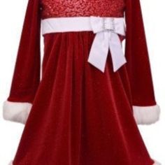 Sequin Bodice Santa Dress. Sparkle stretch velvet dress with sequin bodice and faux fur trim; solid satin waistband and bow. Girls Santa Dress, Tafetta Dress, Stretch Velvet Dress, Velvet Holiday Dress, Santa Dress, Ballerina Dress, Bonnie Jean, Girls Christmas Dresses, Long Sleeve Sequin