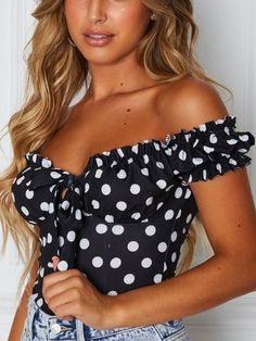 $29.90 - Fashion dark black polka off shoulder strapless crop top With sleeves for cute ladies, pretty styled teens and chic women. Loose fit. Perfect for fashion casual every day wear and night out. Summer Off-shoulder Fitted Bodysuit, Fitted Off-shoulder Bodysuit For Summer, Chic Off-shoulder Bodysuit For Summer, Flirty Black Bodysuit For Summer, 90 Fashion, Fashion Dark, Women Summer Casual, Feminine Women, Off Shoulder Crop Top