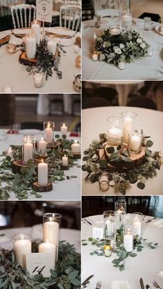 a collage of photos with candles and greenery on the top, bottom right