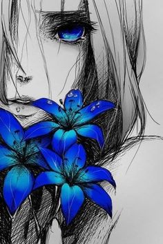 a drawing of a woman with blue flowers in her hand