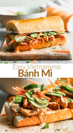 an easy vietnamese banh mi sandwich is cut in half and stacked on top of each other