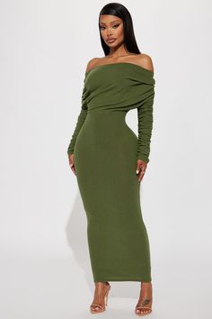 Available In Green, Charcoal, And Cream. Sweater Maxi Dress Off Shoulder Long Sleeve Ruched Detail Loose Top Fitted Skirt Stretch 72% Rayon 21% Polyester 7% Spandex Imported | Yasmine Off Shoulder Sweater Maxi Dress in Green size 1X by Fashion Nova Dark Green Long Dress, Dress Off Shoulder Long, Long Green Dress, Sweater Maxi Dress, Dress Off Shoulder, Off Shoulder Sweater, Xl Fashion, Maxi Dress Green, Cream Dress