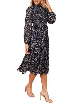 Petal & Pup Edwina Floral Long Sleeve Tiered Midi Dress | Nordstrom Midi Dress Pattern, Tiered Midi Dress, Navy Midi Dress, Long Sleeve Midi, Flowy Skirt, Long Sleeve Midi Dress, Navy Floral, Nordstrom Dresses, Dress Pattern