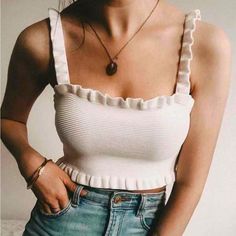 New With Tags. Zara Crop Top. Ribbed Knit Texture. Ruffle Hem And Straps. Size: Large. Color: White 0/3859/027/250/04 See More In My Closet Fitted Sleeveless Knit Top With Ruffles, Fitted Sleeveless Ruffle Knit Top, Fitted Ribbed Cami Top, Fitted Ribbed Top For Summer, White Cami Knit Top For Spring, Fitted Cotton Knit Top With Ruffles, White Casual Cami Knit Top, Summer Stretch Knit Top With Ruffles, Fitted Cami Knit Top For Spring