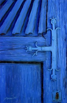 a painting of a blue door with a cross on it