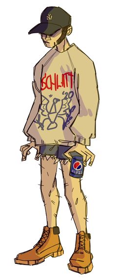 a drawing of a man with graffiti on his shirt and shorts, standing in front of a