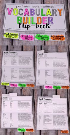 four different types of papers with words and pictures on them, all labeled in bright colors