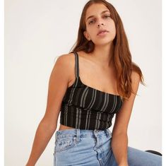 New With Tag No Stains No Rips No Flaws Size L Zipper On The Back Black Striped Tank Crop Top Smoke And Pet Free Home Armpit To Armpit Laying Flat-17 Length-16 F5 Hot Pink Tops, Puff Sleeve Crop Top, Slim Fit Top, Black Camis, Crop Top Shirts, Cropped Cami, Cami Crop Top, Long Crop Top, Urban Outfitters Tops