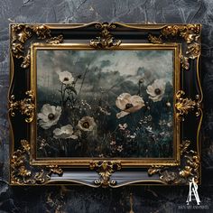 an ornate gold frame holds a painting of white poppies and other wildflowers