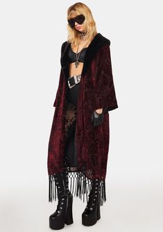 Long Fall Outerwear With Tassels, Long Velvet Coat For Fall, Long Winter Outerwear With Tassels, Velvet Outerwear For Fall Party, Long Fringed Outerwear For Winter, Long Fringe Outerwear For Winter, Long Winter Outerwear With Fringe, Fall Party Outerwear With Shawl Collar, Winter Party Outerwear With Tassels