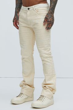 Available In Off White. Stacked Skinny Flared Fit Laced Detail 5 Pocket Detail Zip Fly Button Closure 97% Cotton 3% Spandex Imported | Mens No Trace Just Lace Stacked Skinny Flare Pants in Off White size 42 by Fashion Nova Slim Fit Pants With Button Closure For Spring, Spring Slim Fit Pants With Button Closure, Beige Slim Fit Bottoms For Spring, Beige Fitted Straight Jeans, Fitted Beige Bottoms With Button Closure, Off White Fashion, Service Women, Jean Top, White Fashion