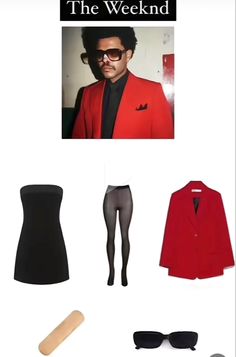 a man in a red suit and black shirt with sunglasses on his head, next to a pair of leggings