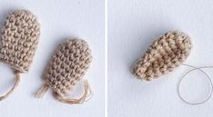 two pictures of crocheted mittens and a pair of scissors