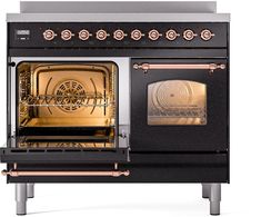 an oven with two burners on the front and one door open to show it's inside