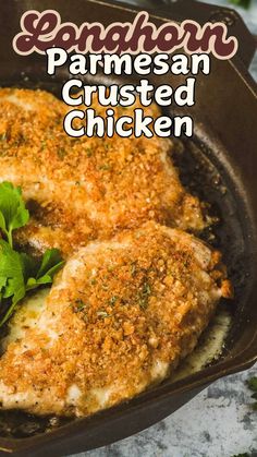 Parmesan crusted chicken breasts in skillet. Longhorn Parmesan Crusted Chicken Recipe, Chx Recipes, Chicken Filets, Longhorn Parmesan Crusted Chicken, Parmesan Crusted Chicken Recipe, Chicken Filet, Special Meals, One Skillet, Parmesan Crusted Chicken