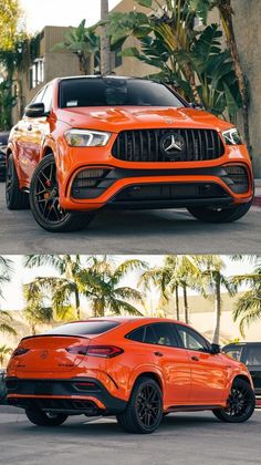 an orange sports car parked in front of a building with palm trees on the other side