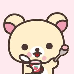 a cartoon bear holding a spoon in its hand and eating something out of it's mouth