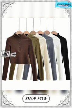 Collar Half Slim Fit Zip Long-sleeved Knitted Women's Cropped T-shirt Solid Color Top Ribbed Long Sleeve T-shirt For Fall, Stretch Winter T-shirt, Trendy Turtleneck T-shirt For Fall, Ribbed Long Sleeve T-shirt For Winter, Winter Long Sleeve Ribbed T-shirt, Trendy Ribbed T-shirt For Fall, Cropped T Shirt, Crop Tshirt, Women Crop