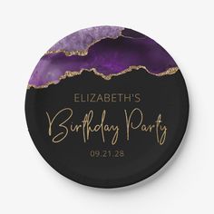 a black and purple birthday paper plate with gold foil lettering on the front that says,'for my birthday '