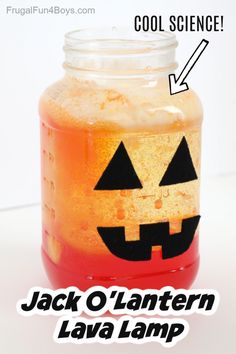 jack o lantern lava lamp in a mason jar with the words cool science on it