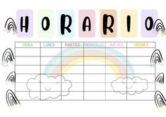 a printable calendar with rainbows and clouds in the middle, which reads horario