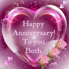 a happy anniversary to you both with pink roses and hearts on a purple heart - shaped background