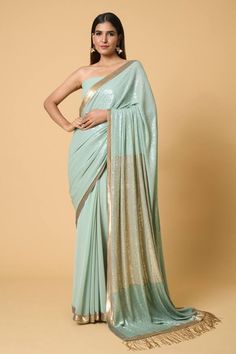 Porcelain blue saree with all-over tonal sequin and contrast embroidery palla. Comes with striped sequin embroidered blouse. - Aza Fashions Anarkali Sequin Saree For Celebration, Chanderi Pre-draped Saree With Sequins, Chanderi Sequin Pre-draped Saree, Pre-draped Chanderi Saree With Sequins, Cotton Sarees Handloom, Contrast Embroidery, Sequin Saree, Ruffle Saree, Blue Saree