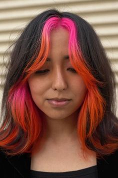 Pink And Orange Hair, E Girl Hair, Unnatural Hair Color, Peekaboo Hair, Vivid Hair Color, Bright Hair Colors, Bright Hair, E Girl, Hair Color And Cut