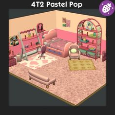 the room is decorated in pink and green colors, with lots of toys on the floor