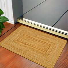 a close up of a door mat on the floor next to a potted plant