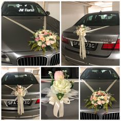 wedding flowers are tied to the hood of a car in four different stages, including ribbons and bows