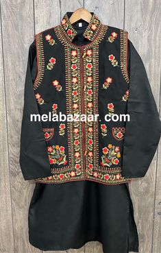 Men's black kurta with colorful embroidered jacket koti for men. Traditional Embroidered Fall Sets, Traditional Bandhgala For Festive Occasions In Fall, Traditional Bandhgala For Festive Fall Season, Traditional Bandhgala For Festive Fall Occasions, Embroidered Cotton Sets For Fall, Embroidered Multicolor Winter Sets, Traditional Kurta With Dabka Work For Fall, Traditional Fall Kurta With Dabka Work, Traditional Black Outerwear With Chikankari Embroidery