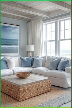 Elevate your living space by mastering the art of pillow placement on a 3-seat sofa. Our guide delves into the optimal number of cushions for both functionality and style. Whether you love a minimalist vibe or a lavish look, find your perfect pillow proportion today! Ocean Aesthetic Living Room, Beach Feel Living Room, Seaside Living Room Ideas, Cape Cod House Living Room, Modern Coastal Living Room Furniture, Beach Modern Living Room, Modern Beach House Living Room, Nautical Living Rooms, Coastal Design Interiors