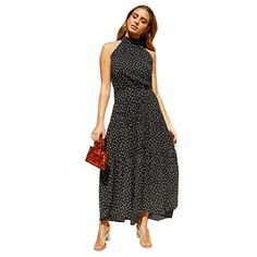 Black Polka Dot Sleeveless Maxi Dress Sleeveless Polka Dot Dress For Day Out, Polka Dot Sleeveless Dress For Day Out, Casual Polka Dot Sleeveless Midi Dress, Sleeveless Polka Dot Maxi Sundress, Sleeveless Polka Dot Chic Maxi Dress, Sleeveless Polka Dot Sundress, Chic Sleeveless Polka Dot Midi Dress, Sleeveless Polka Dot Midi Dress For Spring, Spring Sleeveless Polka Dot Midi Dress