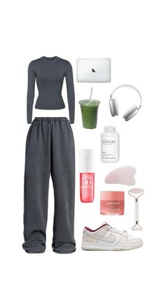 the contents of a woman's outfit including shoes, headphones and other items