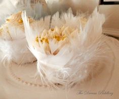 two white feathers are sitting on a plate