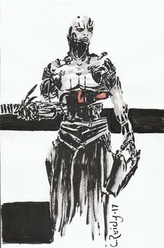 a black and white drawing of a man in armor