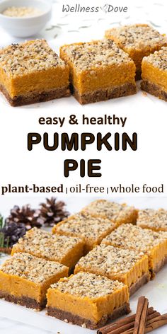 easy and healthy pumpkin pie recipe with an image of it cut into squares on a cutting board