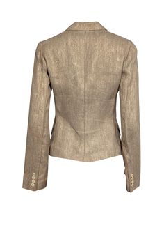 A versatile, chic tan blazer by Ralph Lauren with cream button details, perfect for adding a touch of French girl charm to any office outfit. Keep it modern and minimalist, or layer up for a rich, autumn-inspired look. This must-have piece from Ralph Lauren exudes quiet luxury and embodies the new neutral. This timeless blazer is sure to make a statement! Size 6 Made in USA 100% Linen Unlined Notch lapel collar neckline Three single-button closure Button closures on wrist Two side pockets Bust 3 Gold Blazer For Office In Spring, Elegant Gold Blazer With Button Closure, Gold Spring Blazer For Office, Tailored Gold Blazer With Double Button Closure, Elegant Tailored Gold Blazer, Chic Gold Blazer With Buttons, Chic Gold Blazer For Semi-formal Occasions, Elegant Gold Blazer For Business, Chic Tailored Gold Blazer