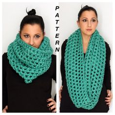 a woman wearing a green crocheted scarf