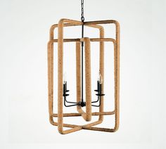 a wooden chandelier with two lights hanging from it's sides, in the shape of rectangles