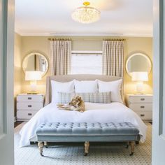 a dog laying on top of a white bed in a room with beige walls and curtains