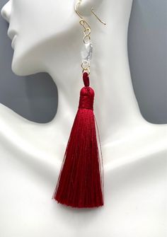 Beautiful red tassel earrings. is perfect gift for you or your daughter. red is never out of stile. Materials: dark red tassel Gold plated wire # 20 Crystal glass bead Earrings length: 4/3 in. Long Earrings Gold, Long Tassel Earrings, Earrings Red, Etsy Earrings Dangle, Bead Earrings, Gold Plated Earrings, Tassel Earrings, Long Earrings, Glass Bead