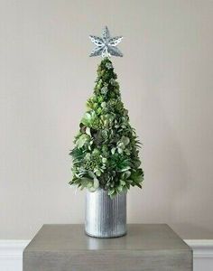 a small christmas tree sitting on top of a table