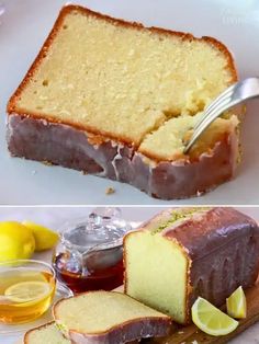 there is a loaf of lemon pound cake on the plate with slices cut out and ready to be eaten